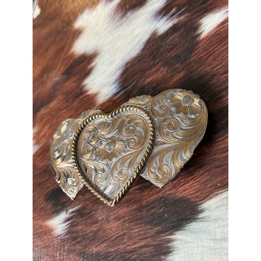 Vintage Triple Heart Sterling Silver Plate Montana Silversmiths Belt Buckle - Picture 6 of 10